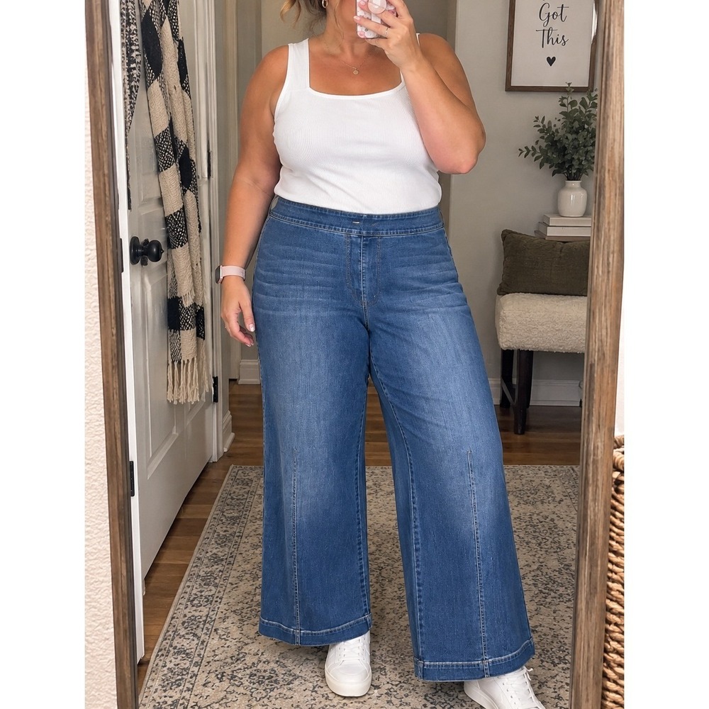 SPANX Wide Leg Jeans 3X NWOT Vintage Wash Pull On High Rise Shaping Denim